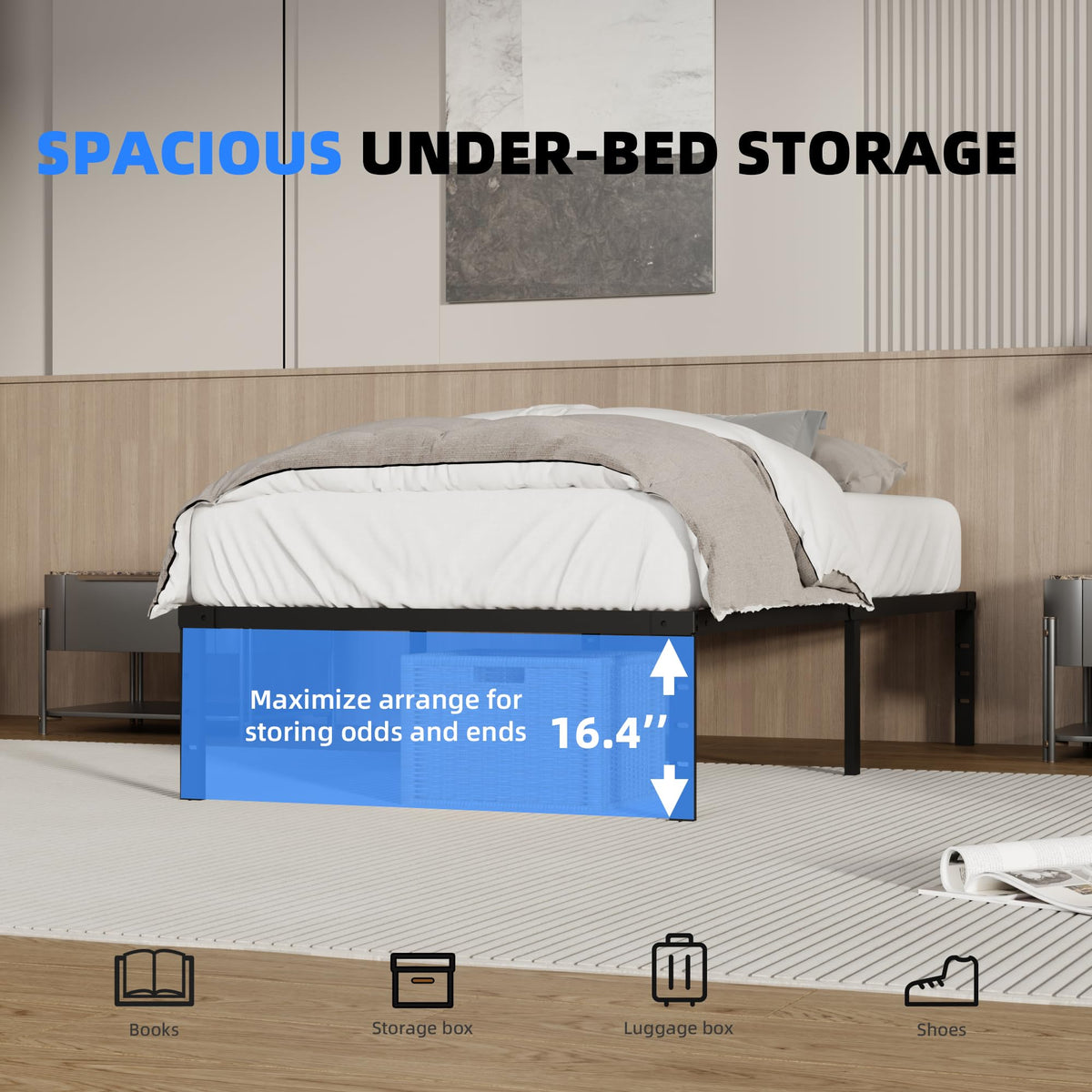 18 Inch Queen Size Metal Platform Bed Frame with Underbed Storage M3191