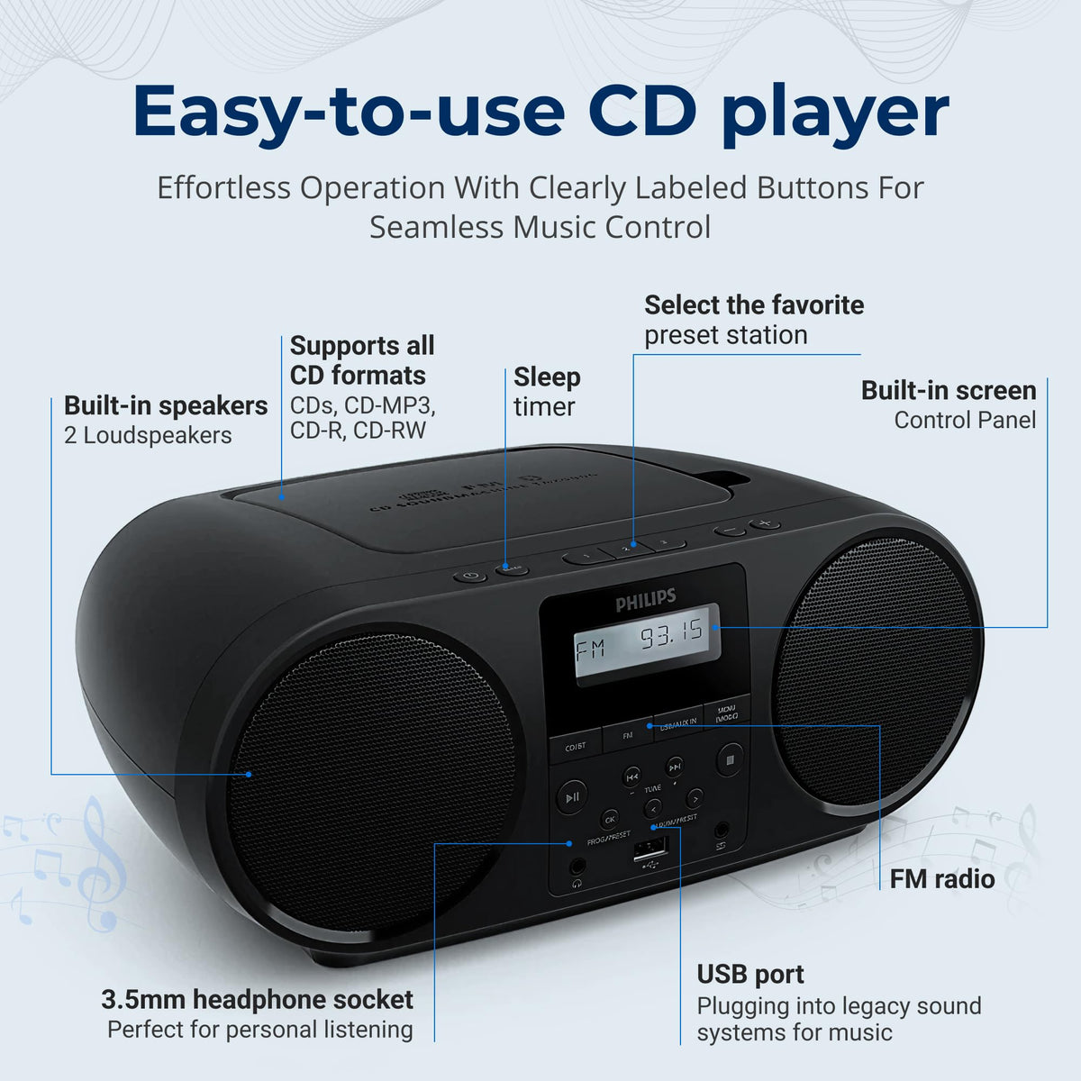 Portable CD Player Boombox with Bluetooth FM Radio USB Aux Input B935