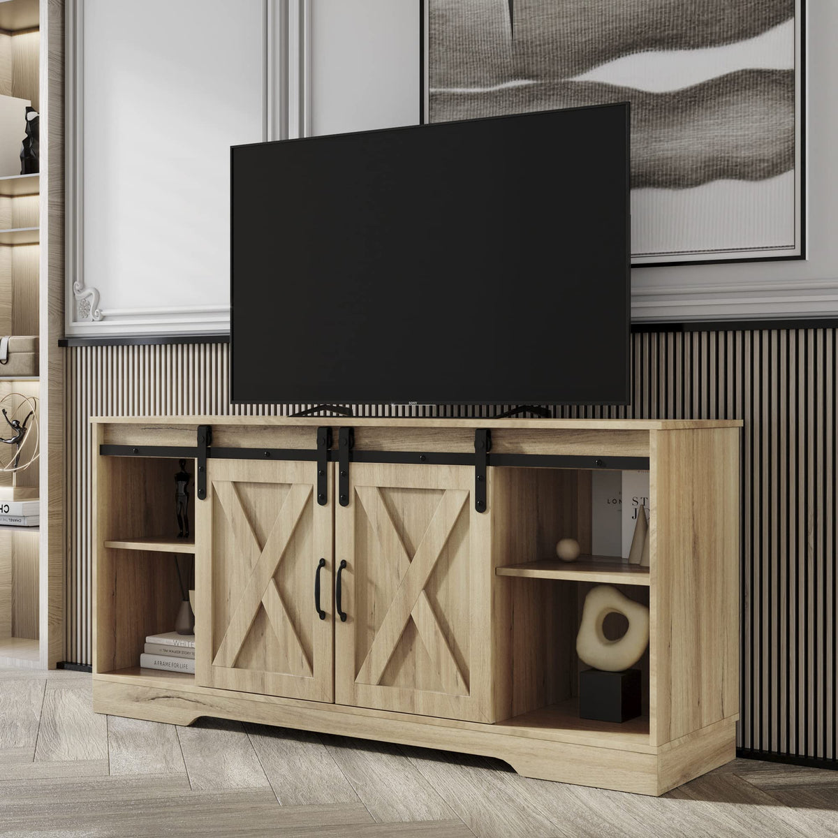 Sliding Barn Door Wood TV Stand with Adjustable Shelves D68330