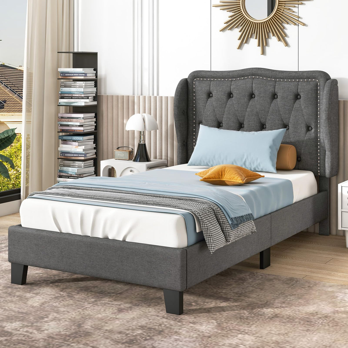 Grey Linen Upholstered Twin Bed Frame with Headboard L556513