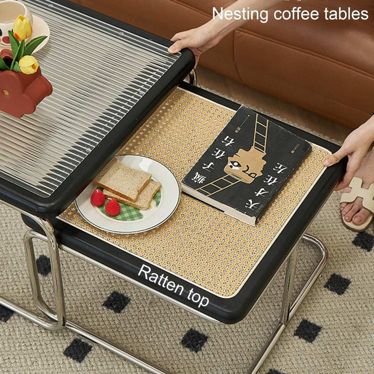 Mid Century Modern Coffee Table Set of 2 Square Metal Base M38613