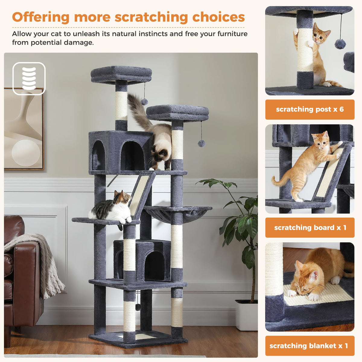 70 Inches Tall Dark Gray Cat Tree with 2 Condos Y9737