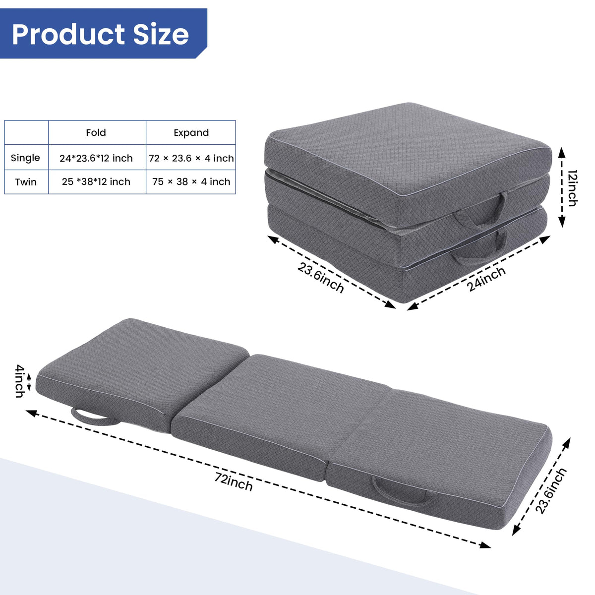 4 Inch Tri-Fold Memory Foam Mattress with Washable Cover B8178
