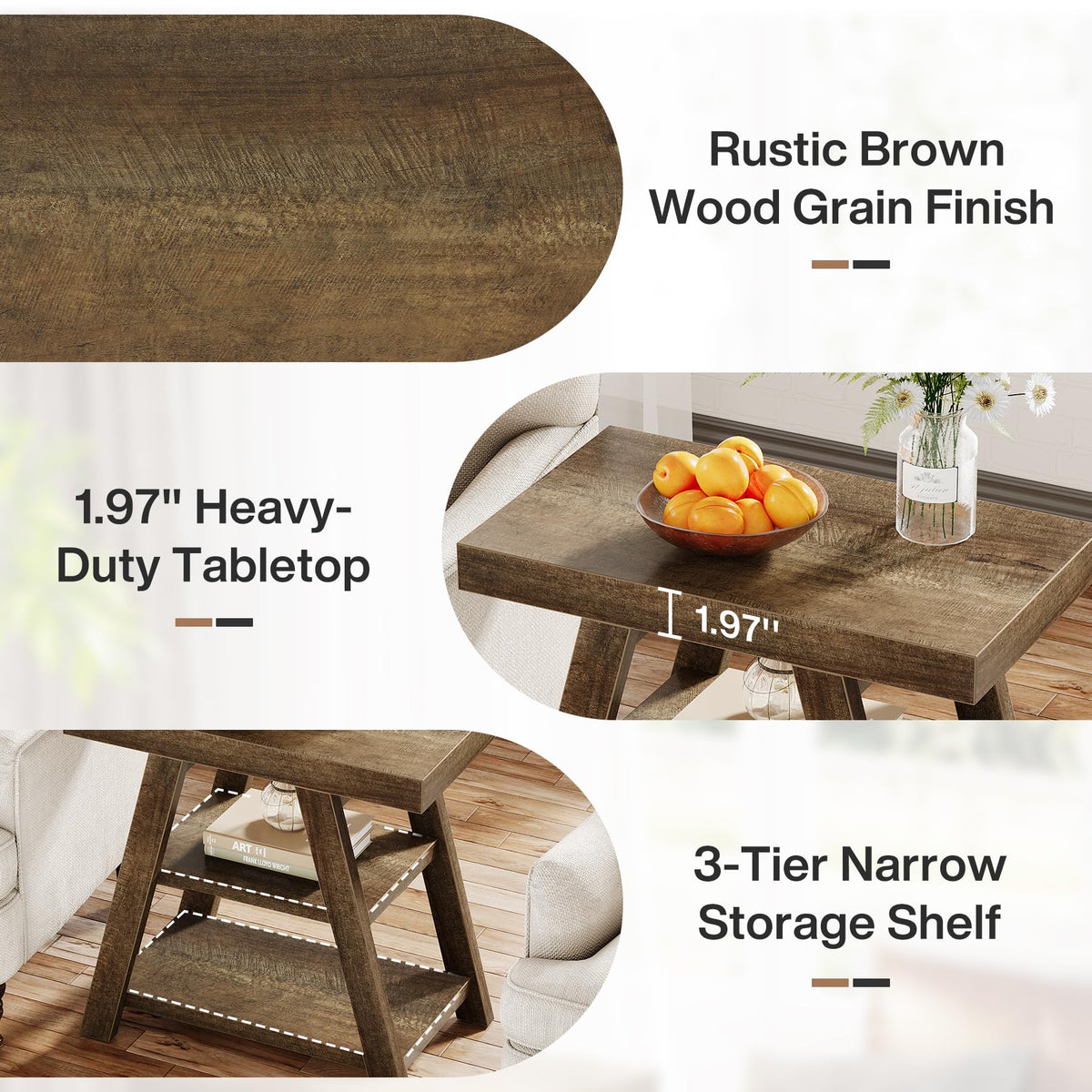3-Tier Wooden Sofa Side Table with Trapezoid Legs N69591