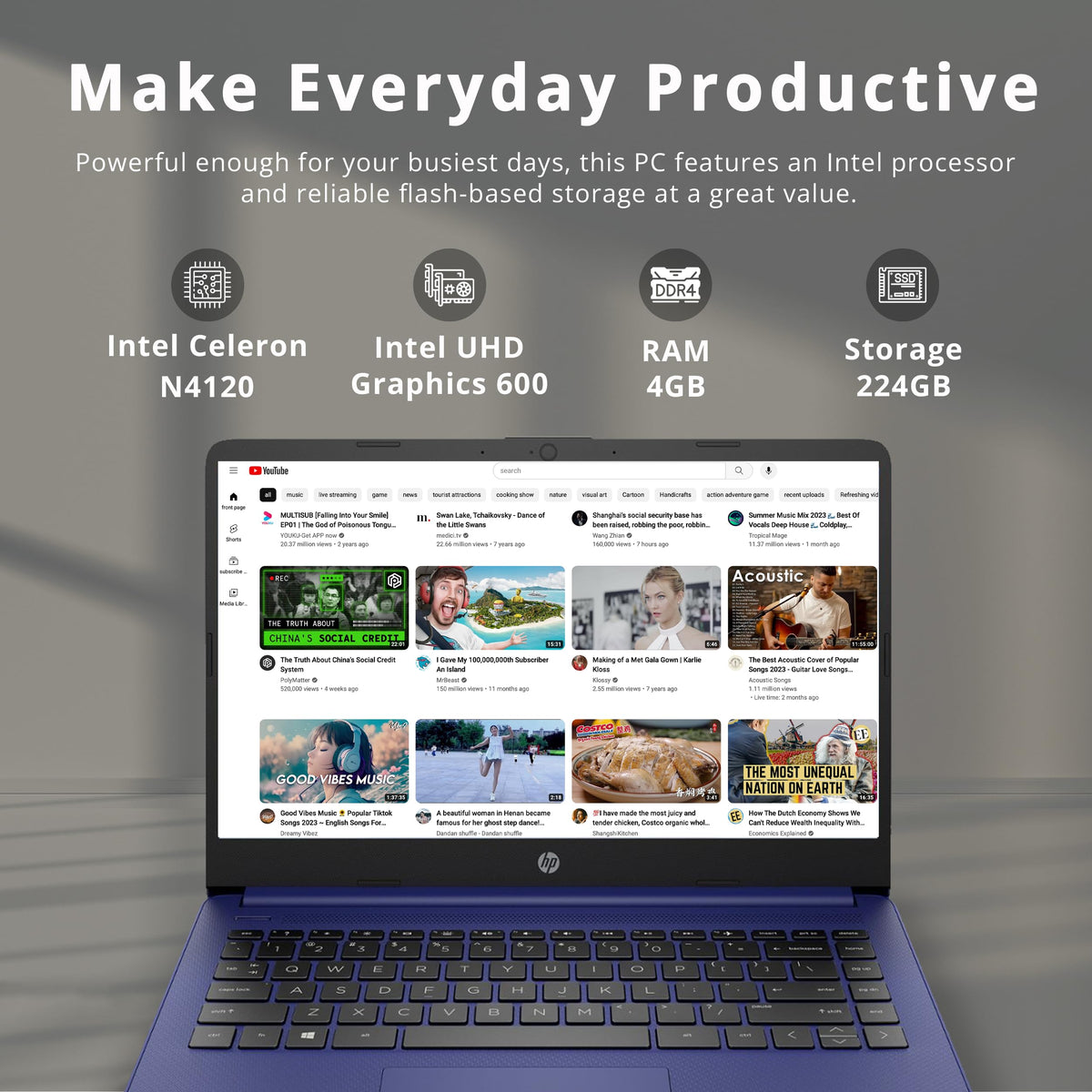 14" HD Laptop Intel Celeron N4120 4GB RAM 224GB Storage Blue O12222