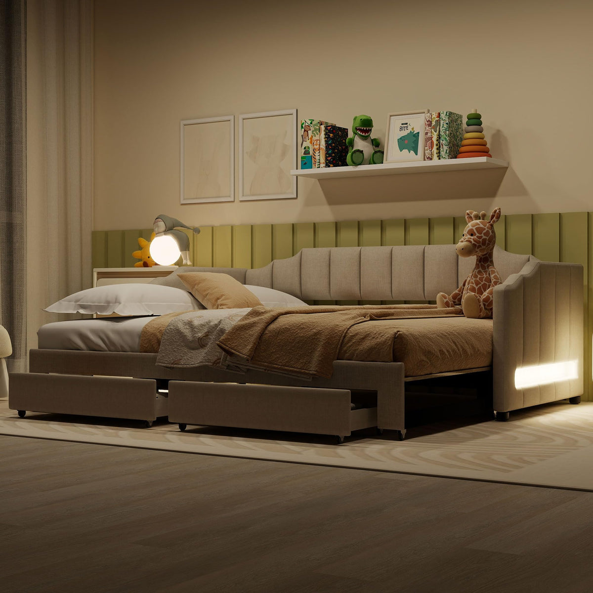 Twin XL to King Extendable Upholstered Daybed Frame with 2 Storage Drawers M9477