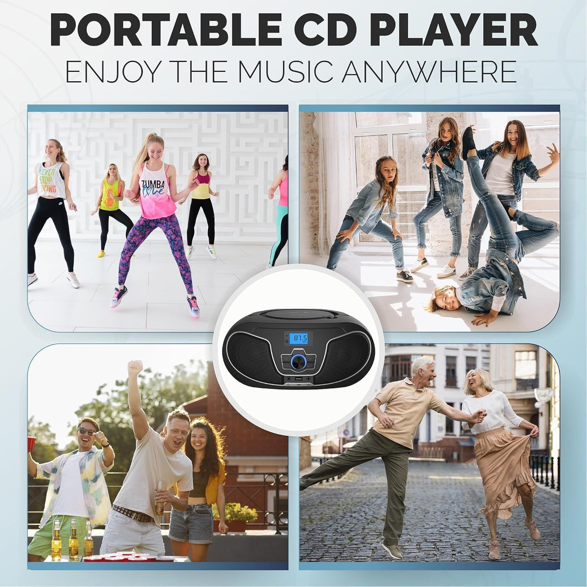 Portable CD Player Boombox with Bluetooth, FM Radio, USB Playback & AUX Input E17446