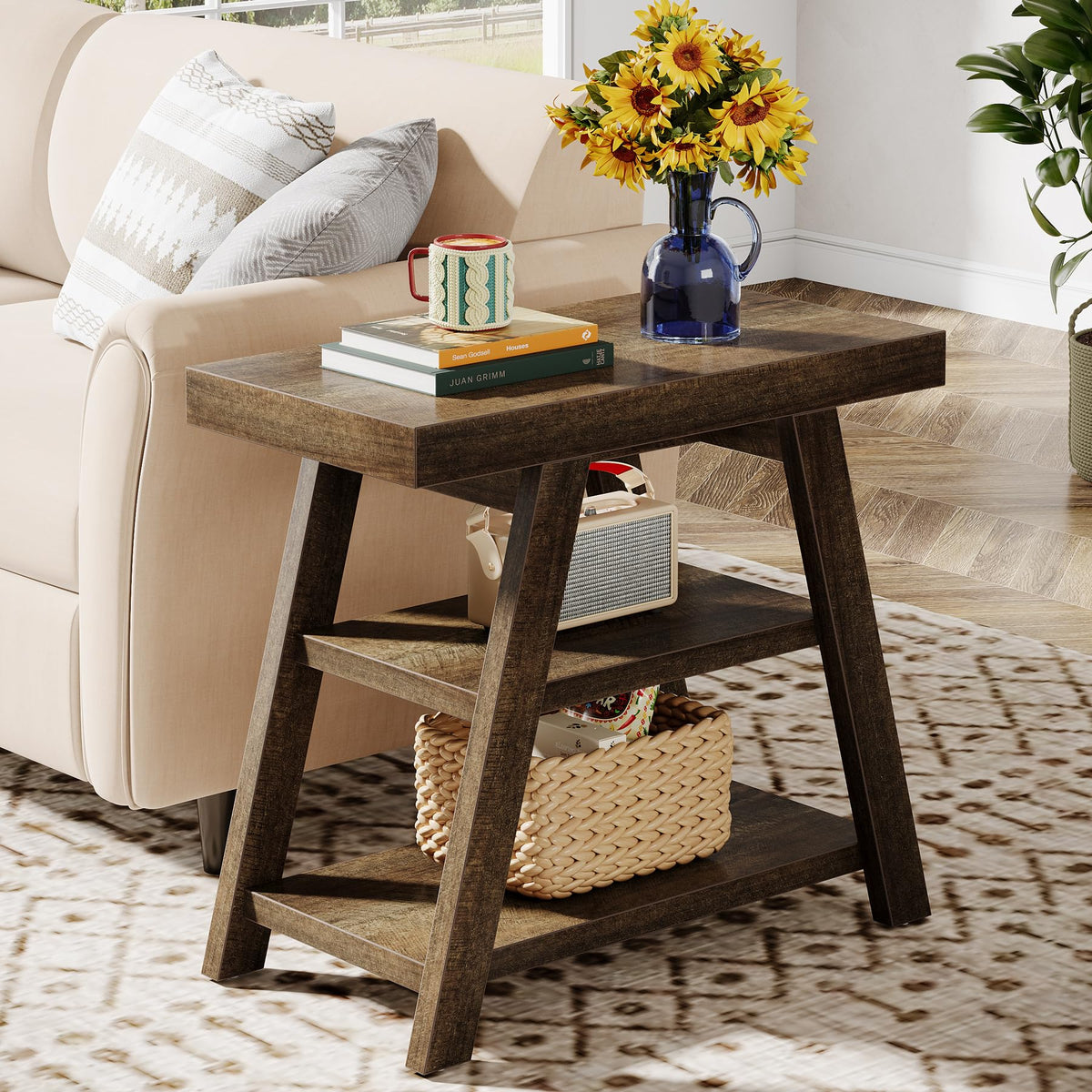 3-Tier Wooden Sofa Side Table with Trapezoid Legs N69591