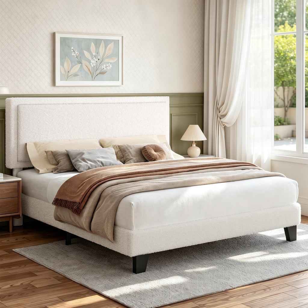 White Queen Size Upholstered Platform Bed Frame with Adjustable Headboard P978904