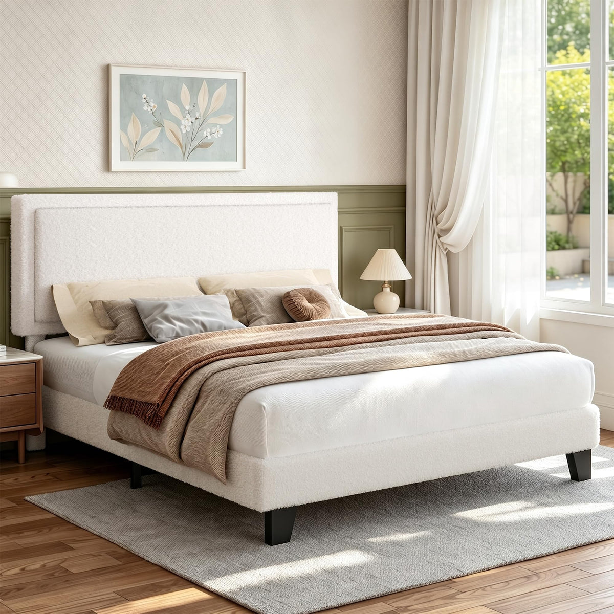 White Queen Size Upholstered Platform Bed Frame with Adjustable Headboard P978904