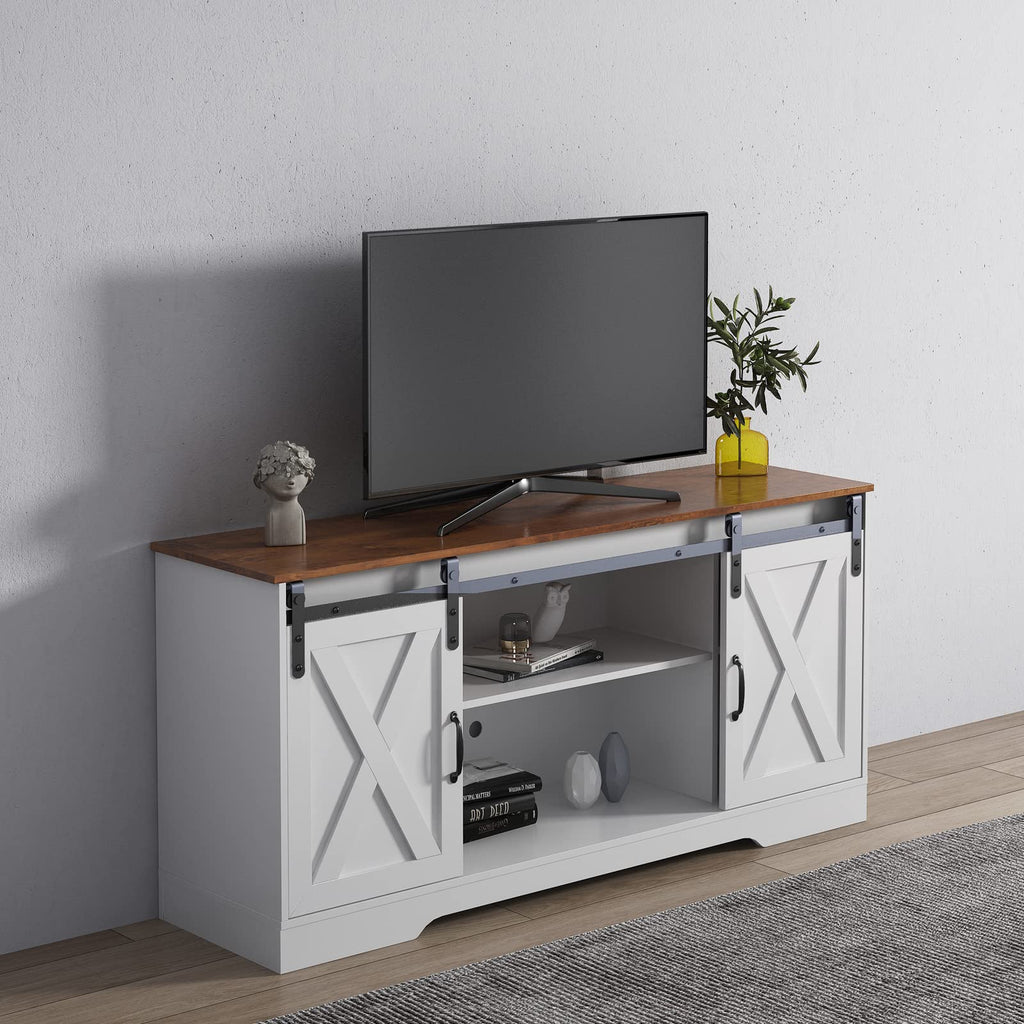 65 Inch TV Stand with Sliding Barn Doors and Storage Cabinets B54222