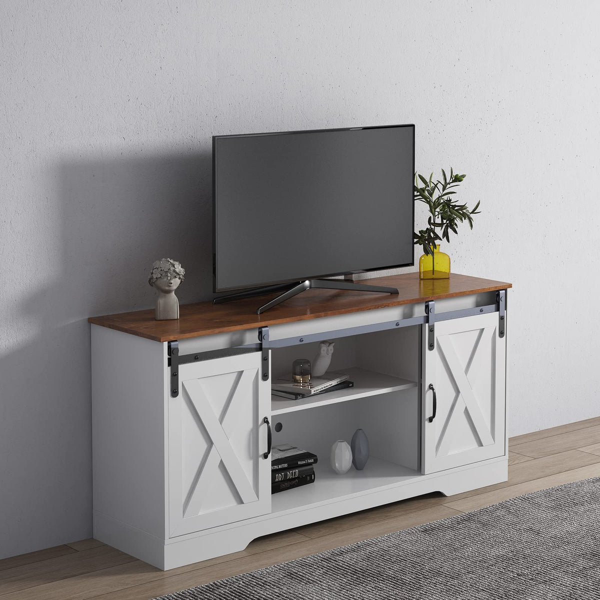 65 Inch TV Stand with Sliding Barn Doors and Storage Cabinets B54222