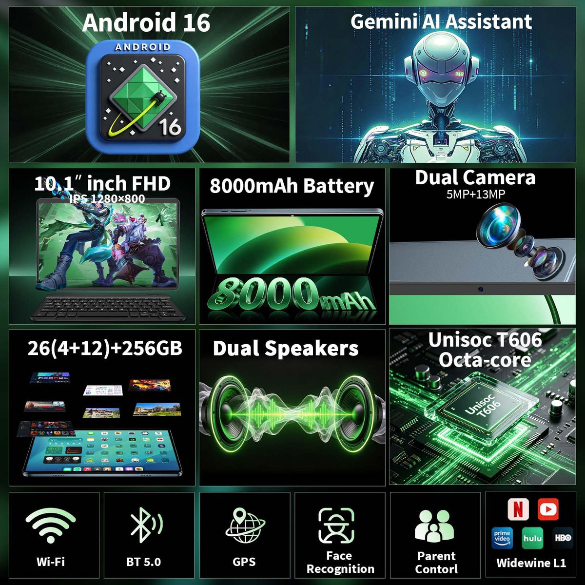 Android 16 Tablet with Keyboard, 10 Inch Tablet, Black Case U44003