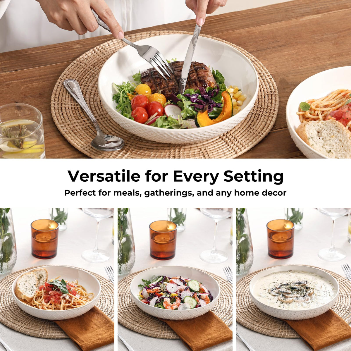 8.5" Ceramic Pasta Bowls Set of 4, 30 oz Soft White J944654