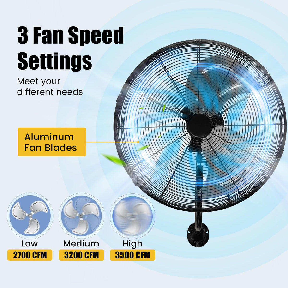 20 Inch 3-Speed Oscillating Metal Wall Fan Q7624