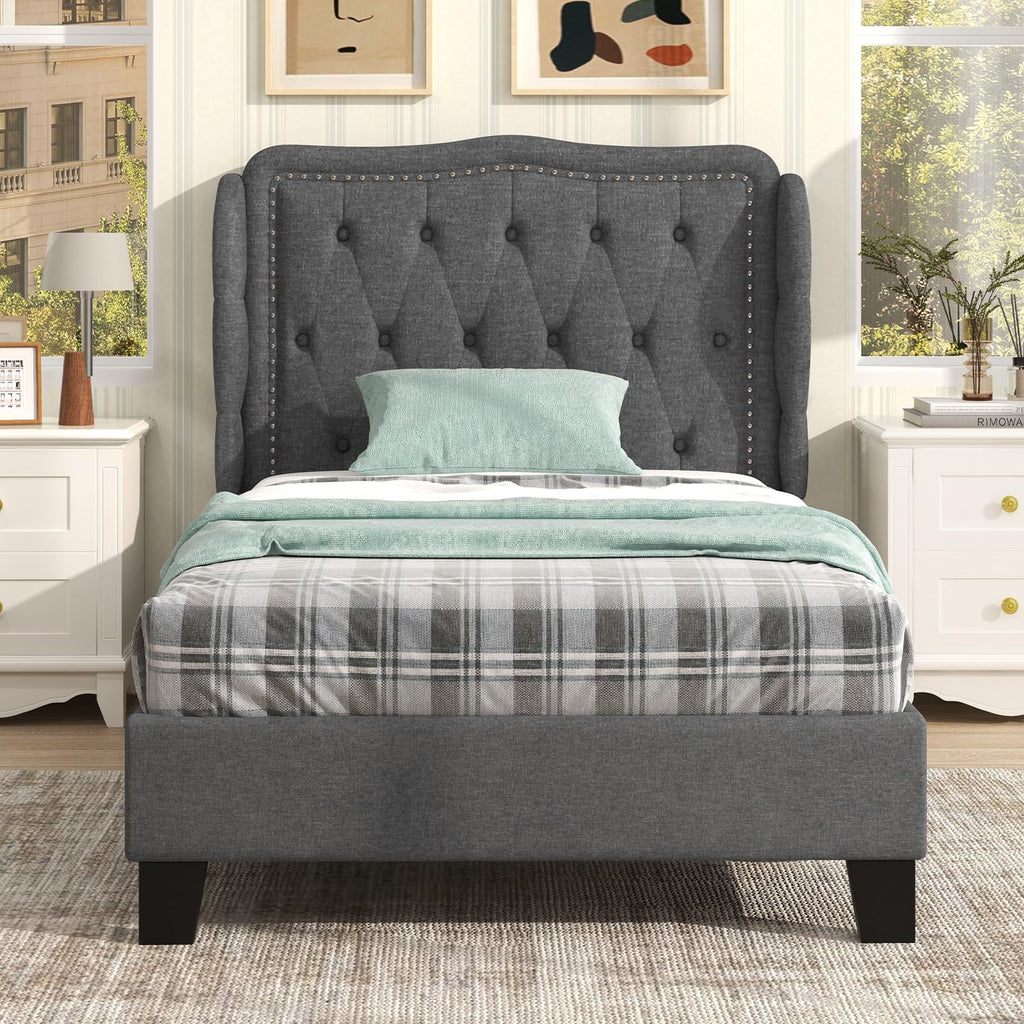 Grey Linen Upholstered Twin Bed Frame with Headboard L556513