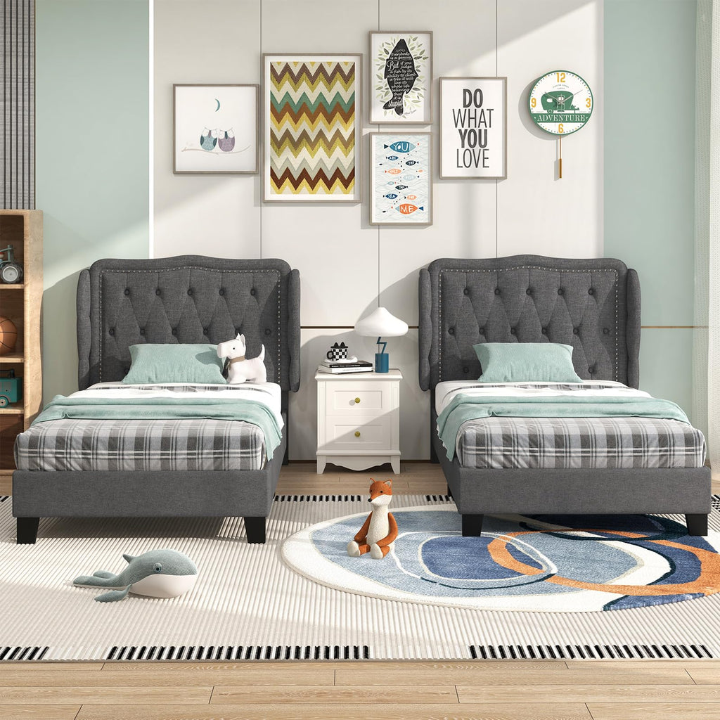 Grey Linen Upholstered Twin Bed Frame with Headboard L556513