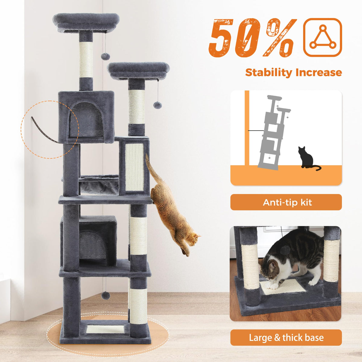 70 Inches Tall Dark Gray Cat Tree with 2 Condos Y9737