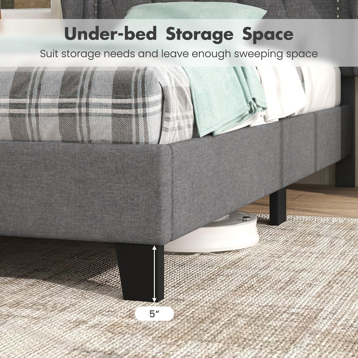 Grey Linen Upholstered Twin Bed Frame with Headboard L556513