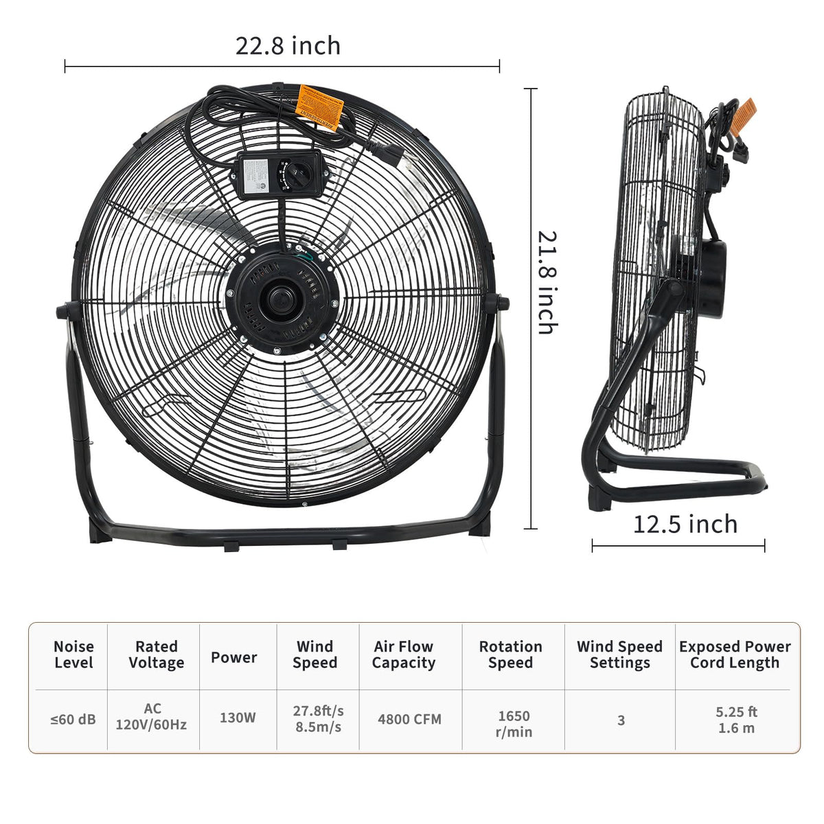 20" High Velocity Floor Fan, 4800 CFM Heavy Duty Industrial Metal Fan with 3 Speeds K5182