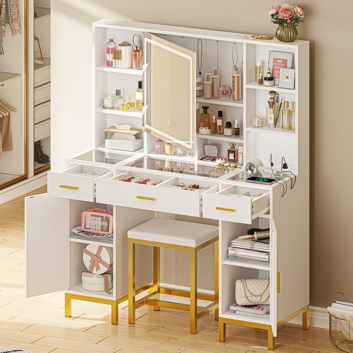 White Vanity Desk with Mirror and Lights W222