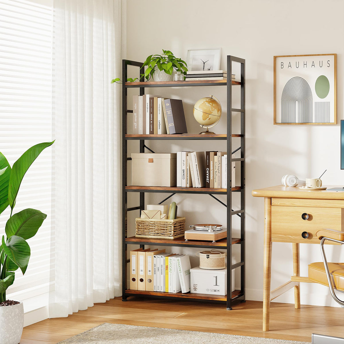 32 Inch 5-Tier Wood Metal Bookshelf O969321