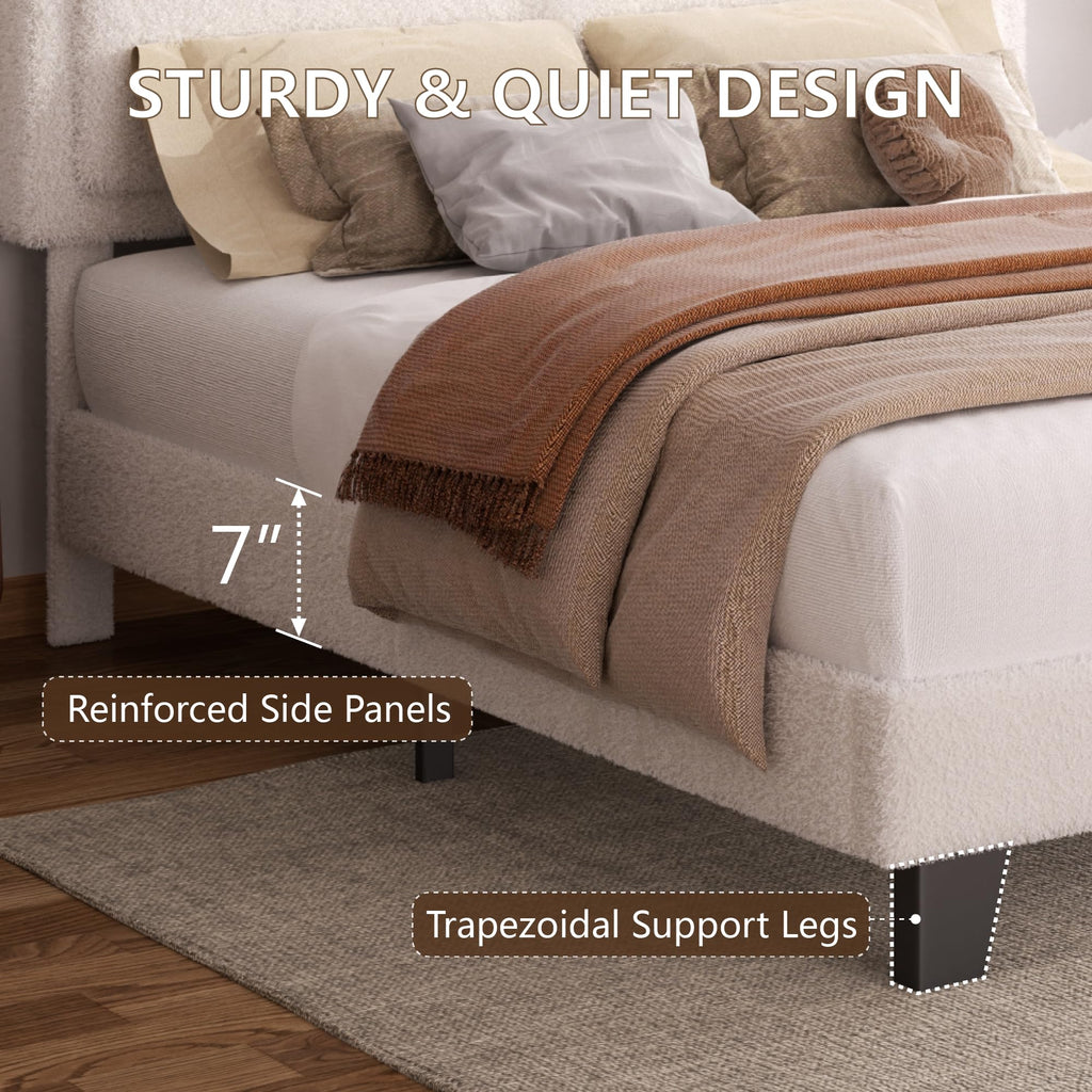 White Queen Size Upholstered Platform Bed Frame with Adjustable Headboard P978904