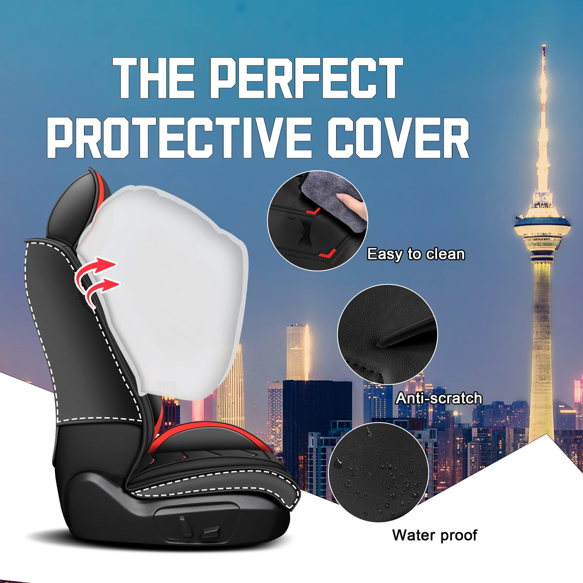 Black Red Nappa Leather Car Seat Covers Set I252