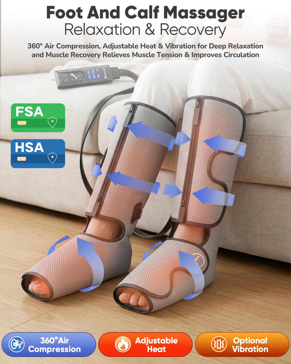 Air Compression Leg Massager with Heat, Foot and Calf Massager, 9 Intensity, 4 Modes, 3 Heating W7044