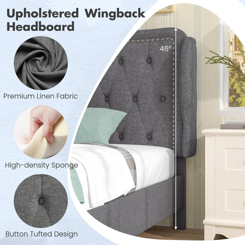 Grey Linen Upholstered Twin Bed Frame with Headboard L556513
