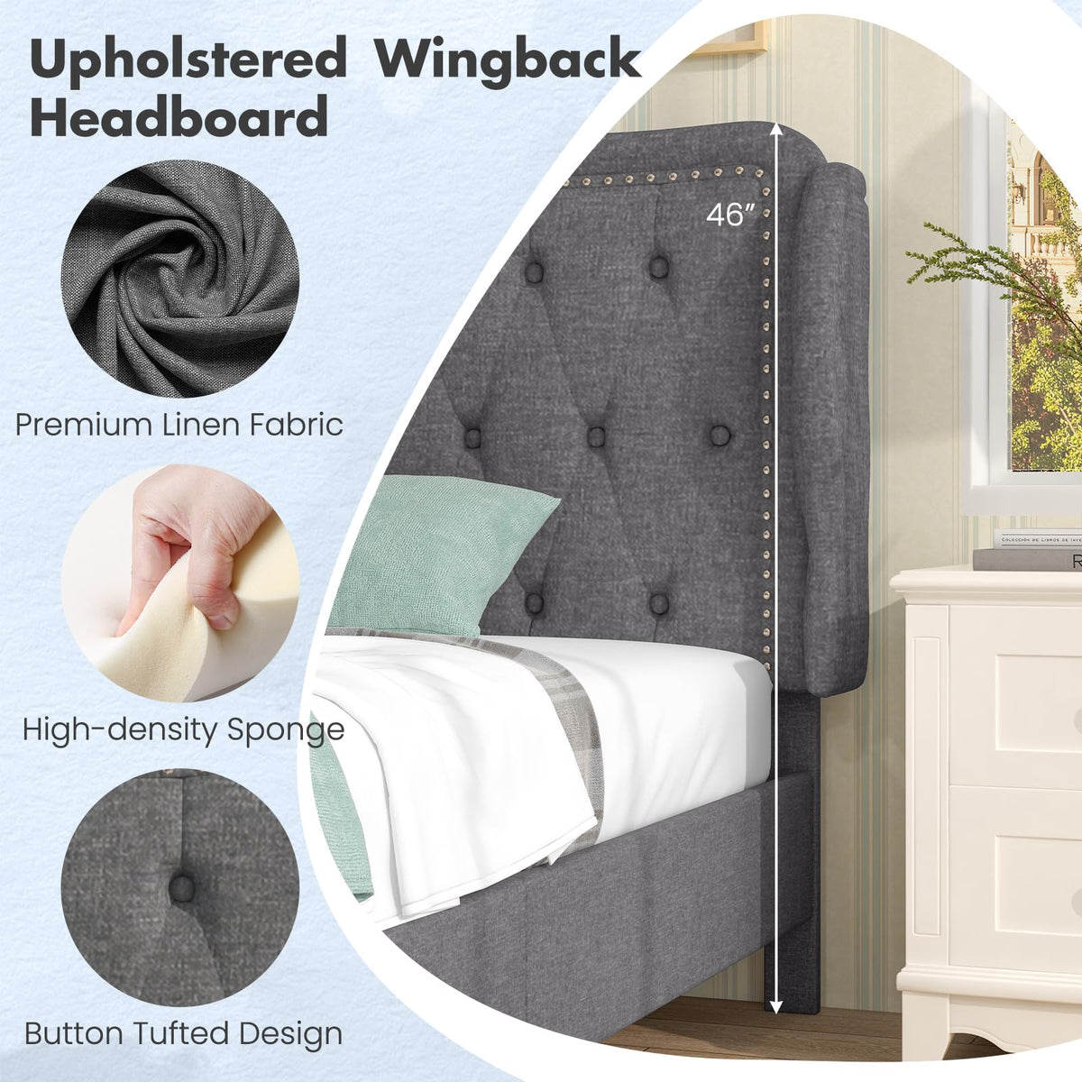 Grey Linen Upholstered Twin Bed Frame with Headboard L556513