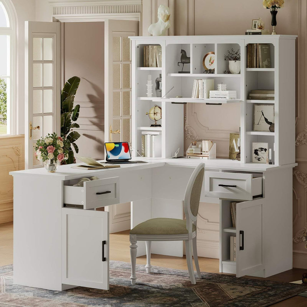 White L-Shaped Computer Desk with Hutch and Storage W576