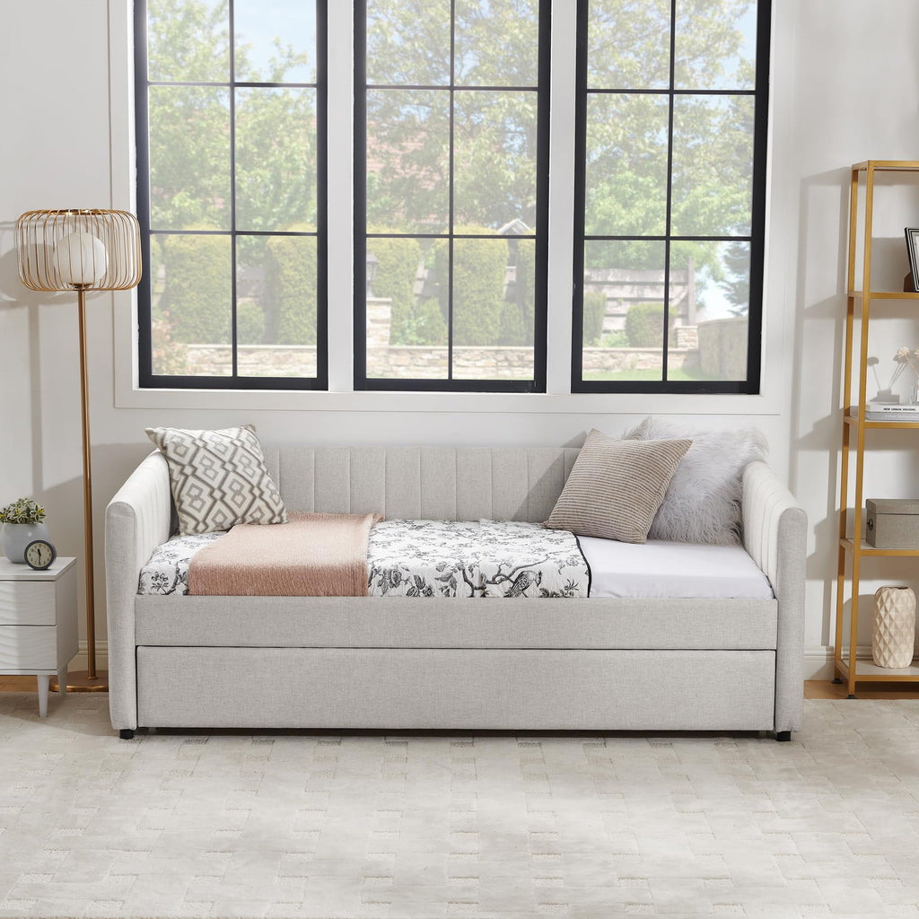 Twin Size Upholstered Linen Daybed with Trundle D130