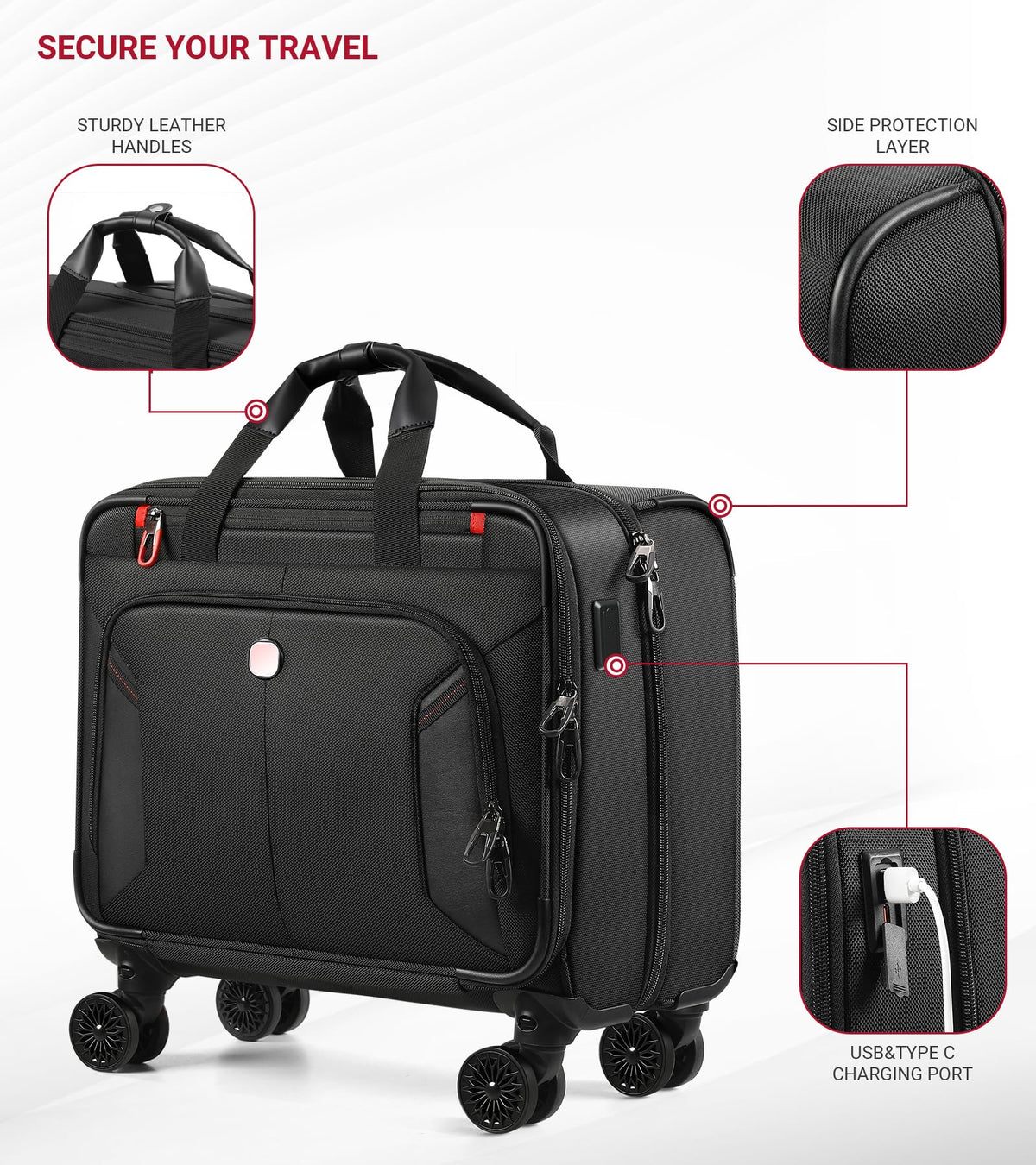 Rolling Laptop Bag with USB & Type-C Charging Port, Water Resistant 17.3 Inch E90945