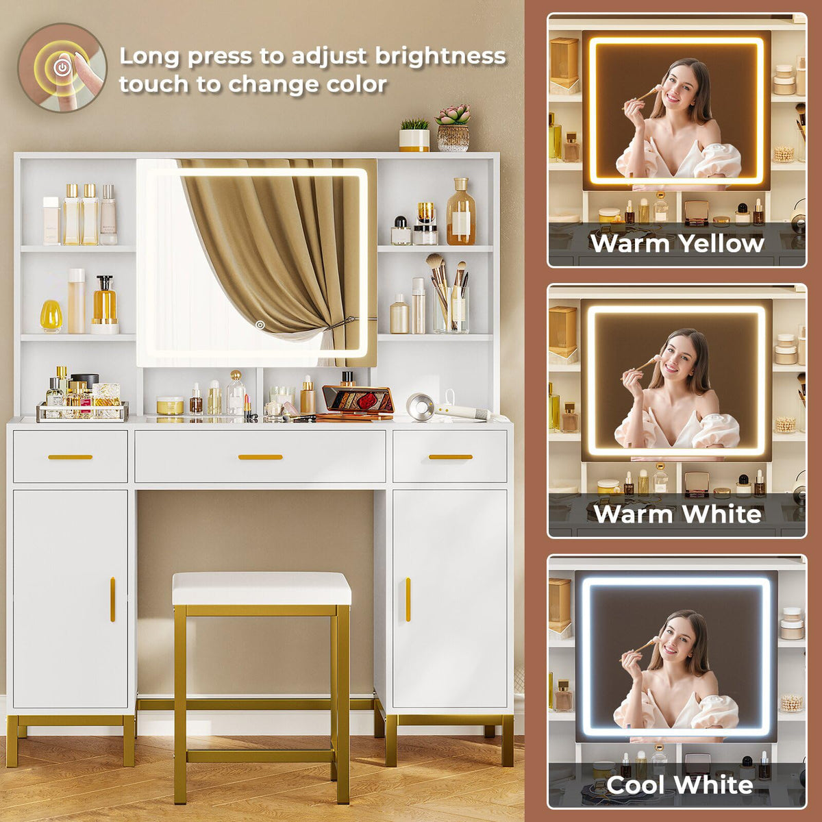 White Vanity Desk with Mirror and Lights W222