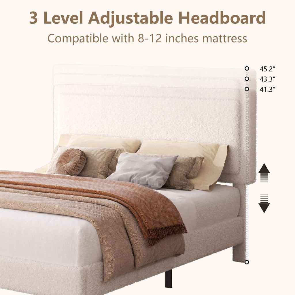 White Queen Size Upholstered Platform Bed Frame with Adjustable Headboard P978904