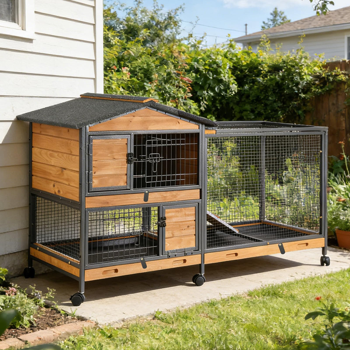 2-Story Rabbit Hutch with Metal Frame and 6 Locking Casters R249951