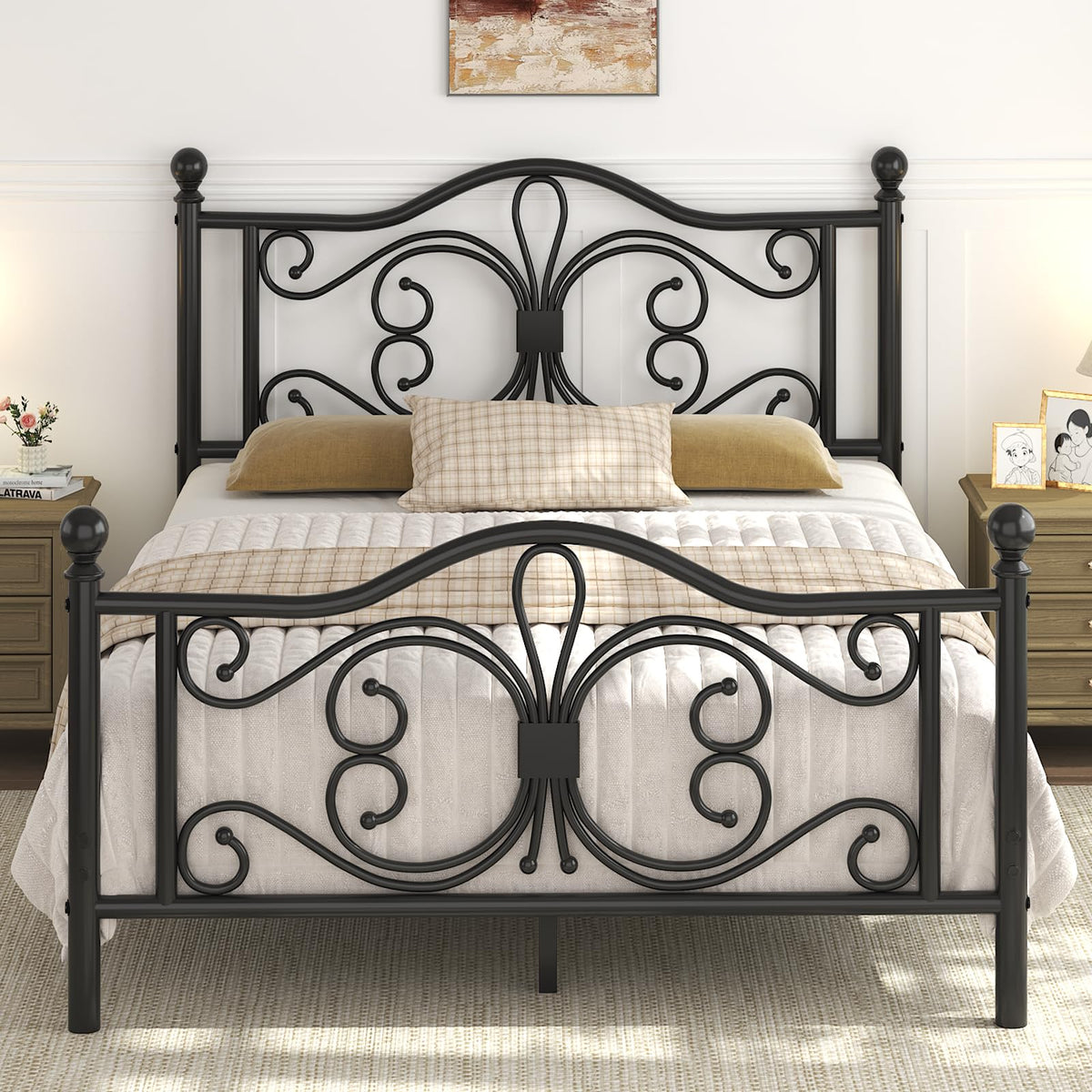 Full Size Bed Frame with Butterfly Pattern Headboard, Black B5114