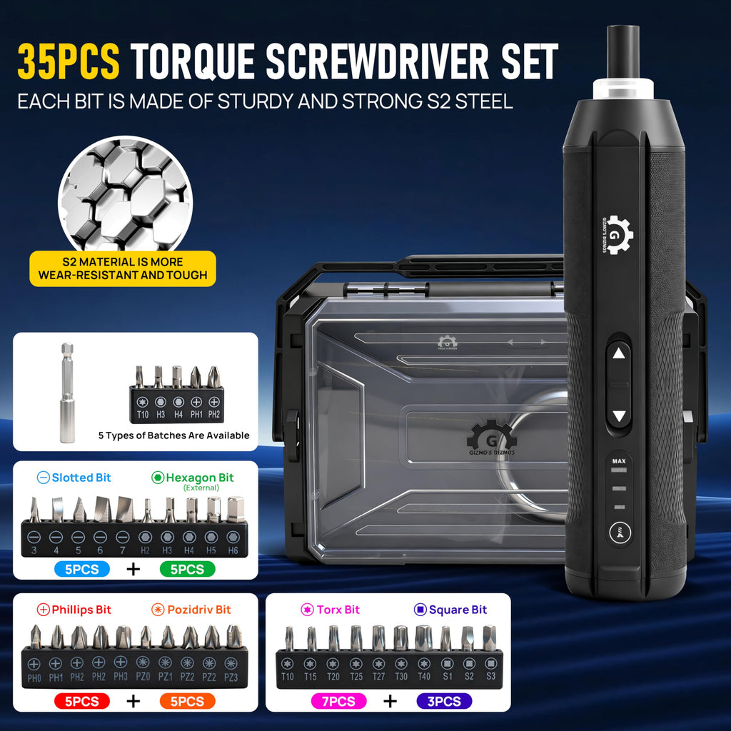 4V Electric Torque Screwdriver Set with 35 Magnetic Bits and Storage Box T87285