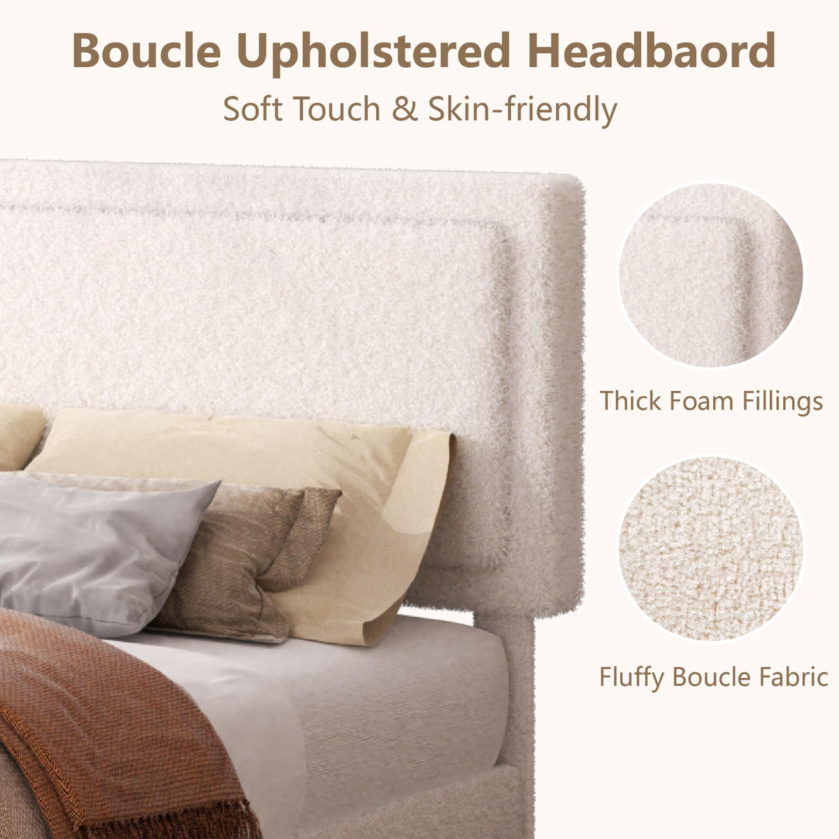 White Queen Size Upholstered Platform Bed Frame with Adjustable Headboard P978904