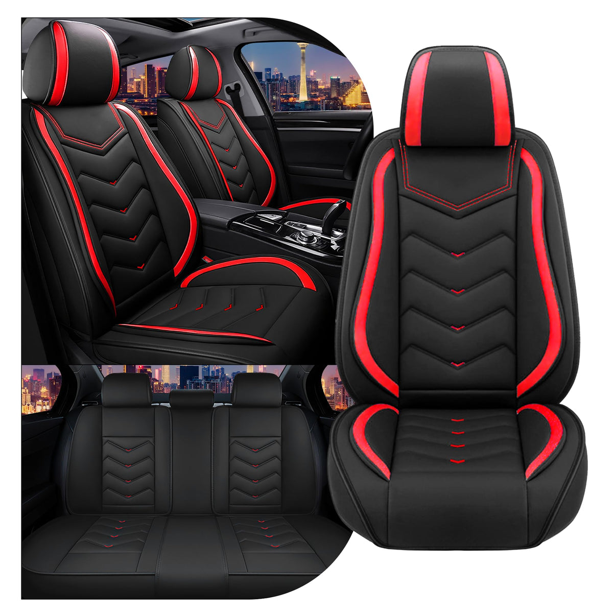 Black Red Nappa Leather Car Seat Covers Set I252