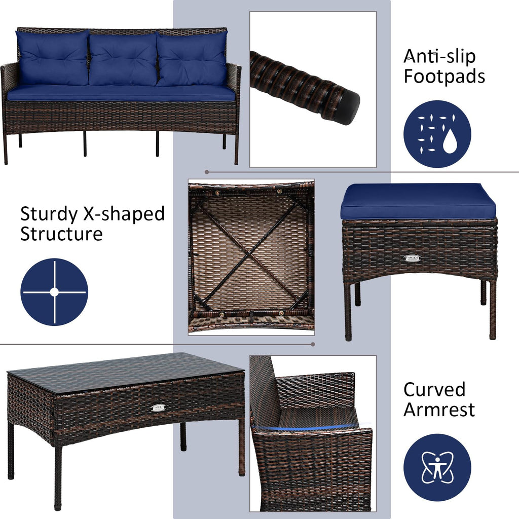 3 Pieces PE Rattan Wicker Patio Conversation Set with Cushions D324