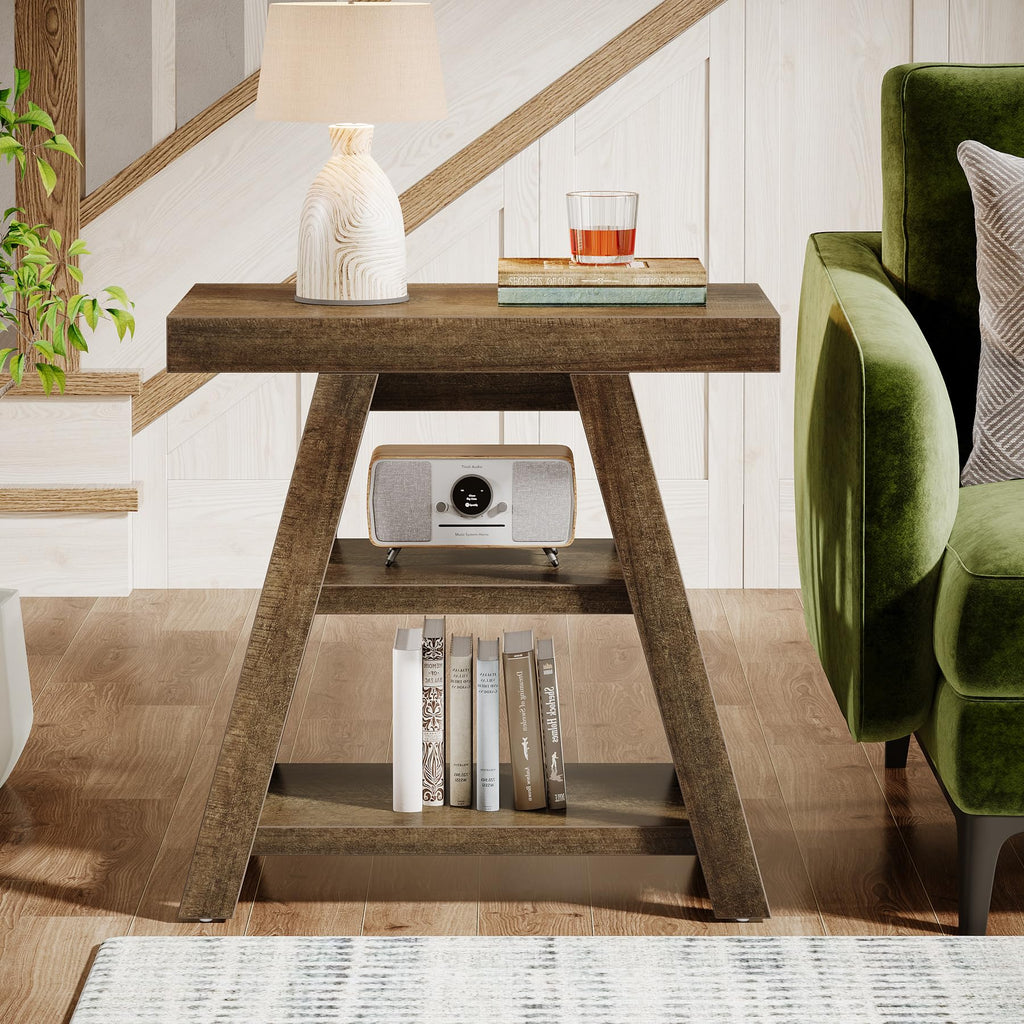 3-Tier Wooden Sofa Side Table with Trapezoid Legs N69591