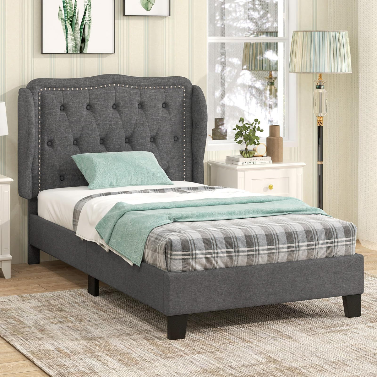 Grey Linen Upholstered Twin Bed Frame with Headboard L556513