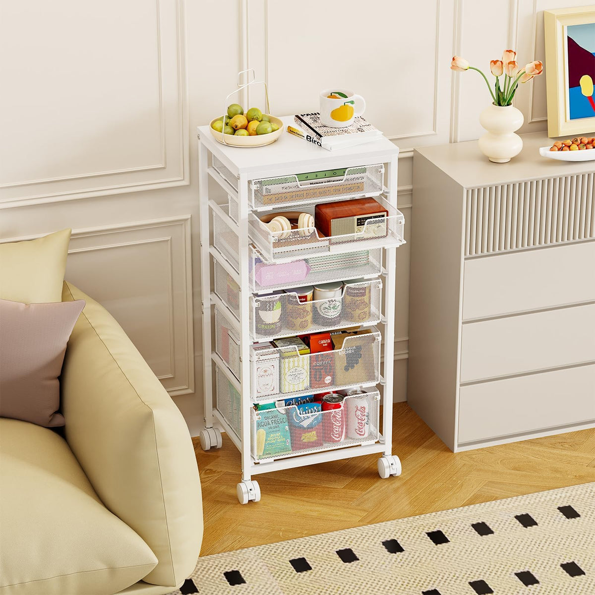 6 Drawers Rolling Utility Cart with Wooden Tabletop E510