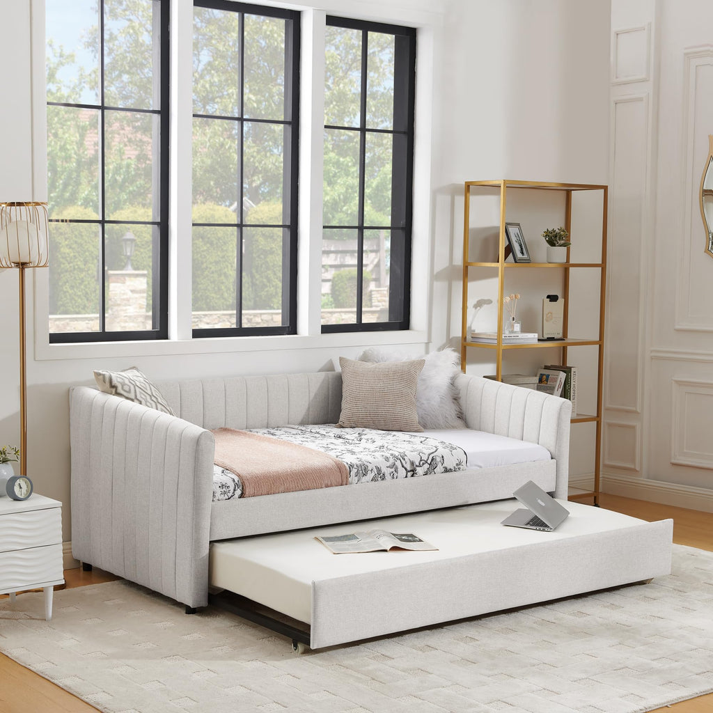 Twin Size Upholstered Linen Daybed with Trundle D130