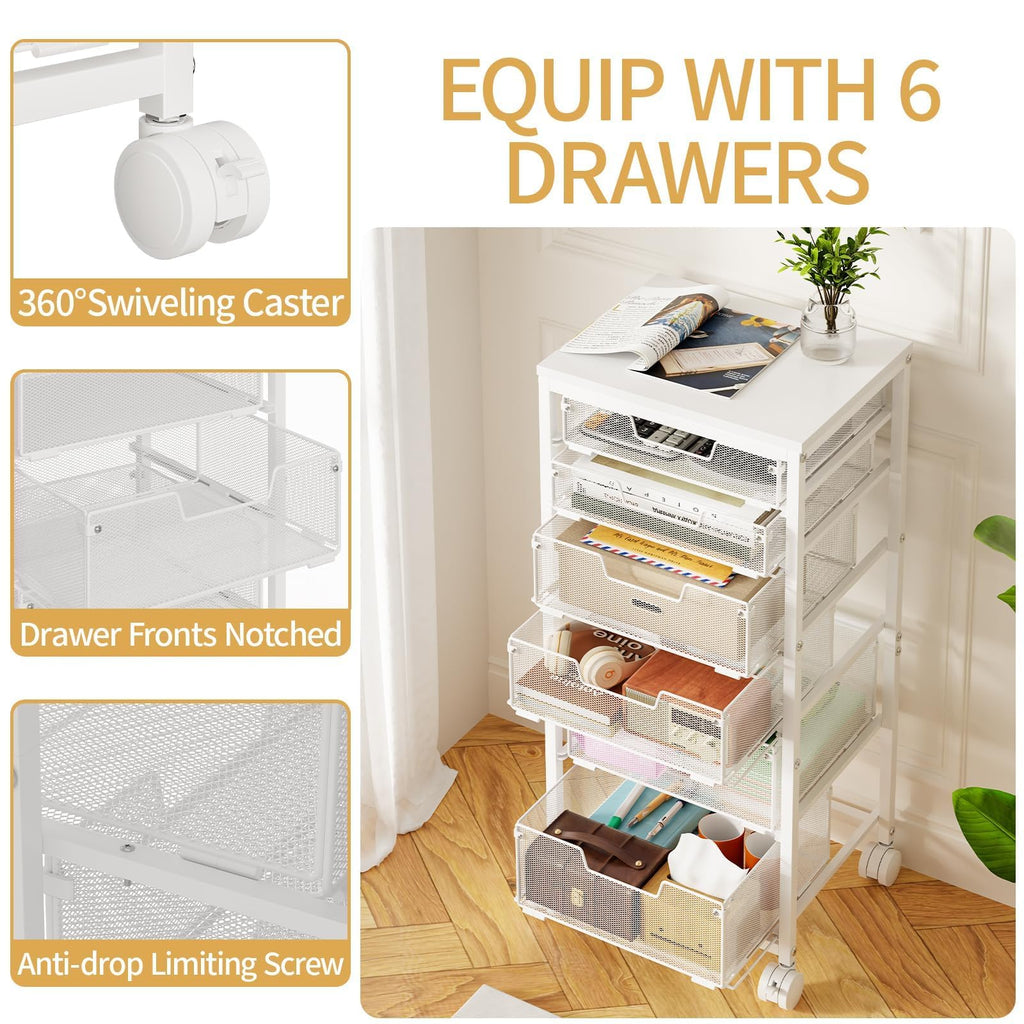 6 Drawers Rolling Utility Cart with Wooden Tabletop E510
