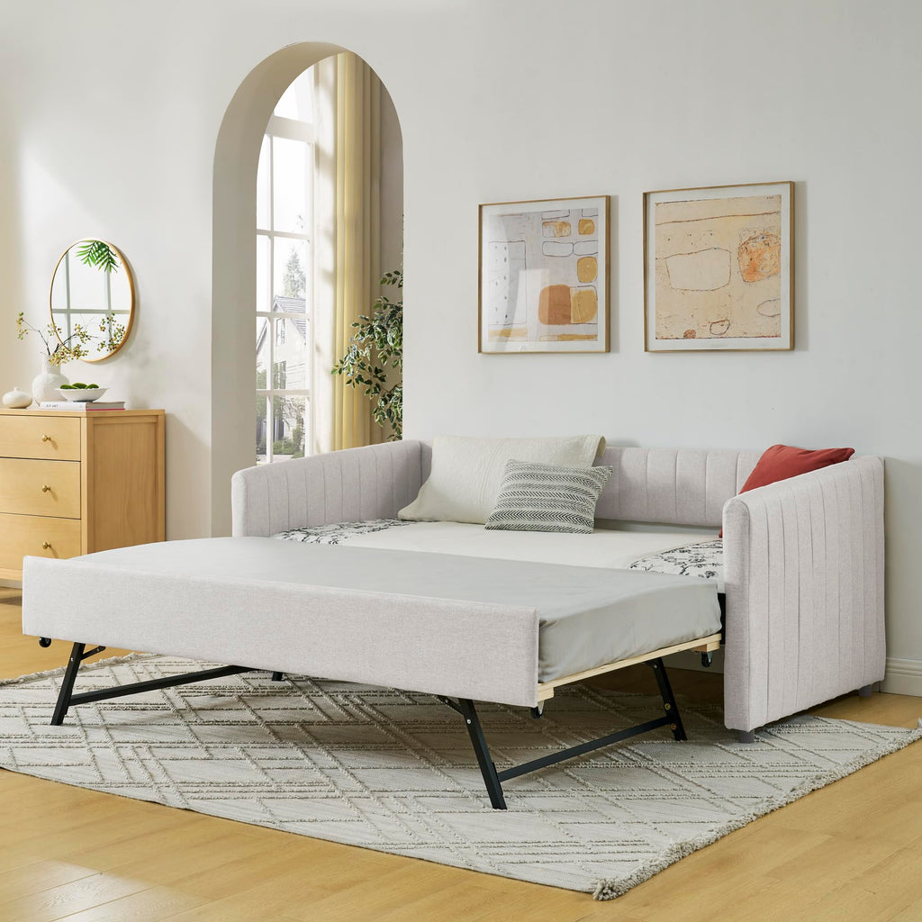 Twin Size Upholstered Linen Daybed with Trundle D130