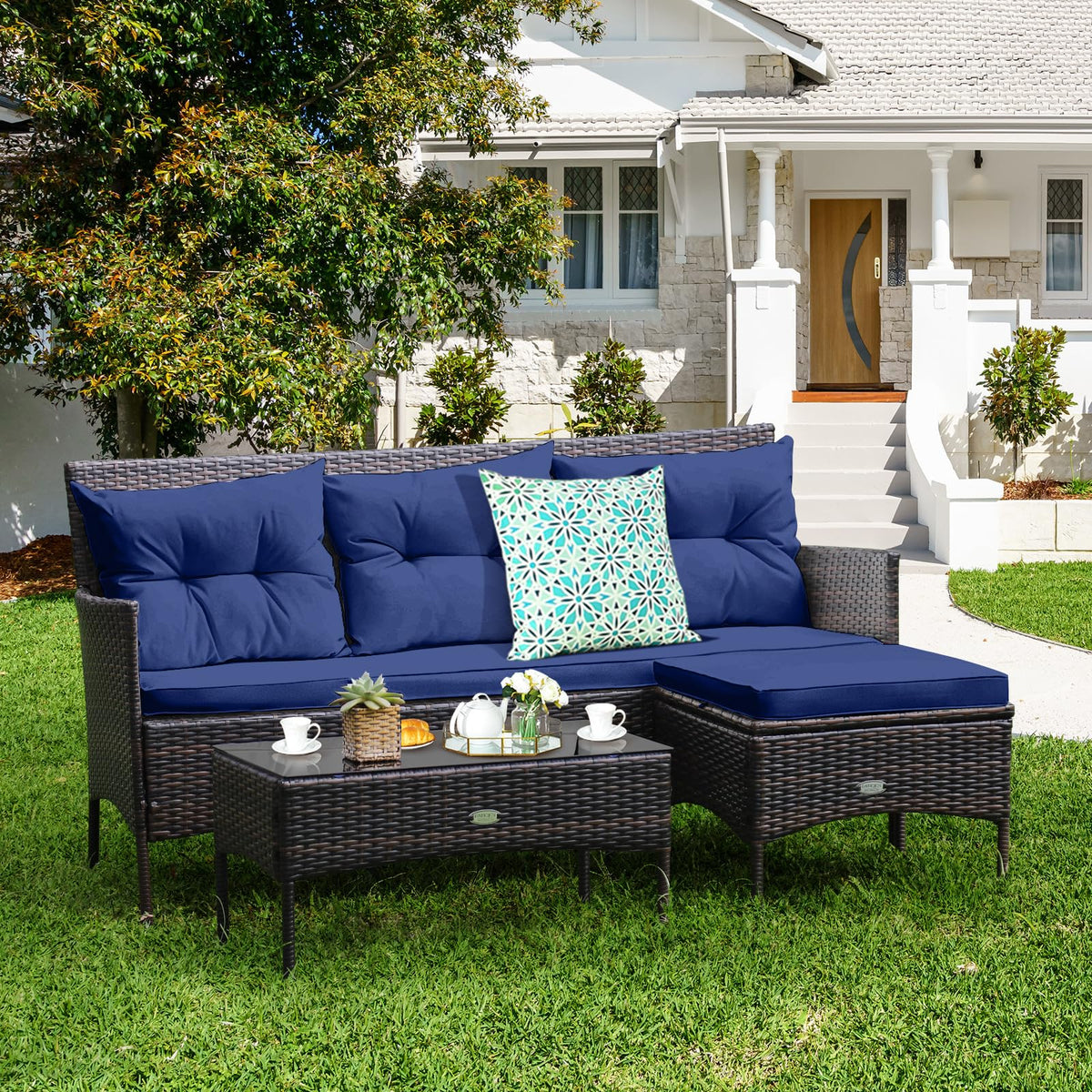 3 Pieces PE Rattan Wicker Patio Conversation Set with Cushions D324
