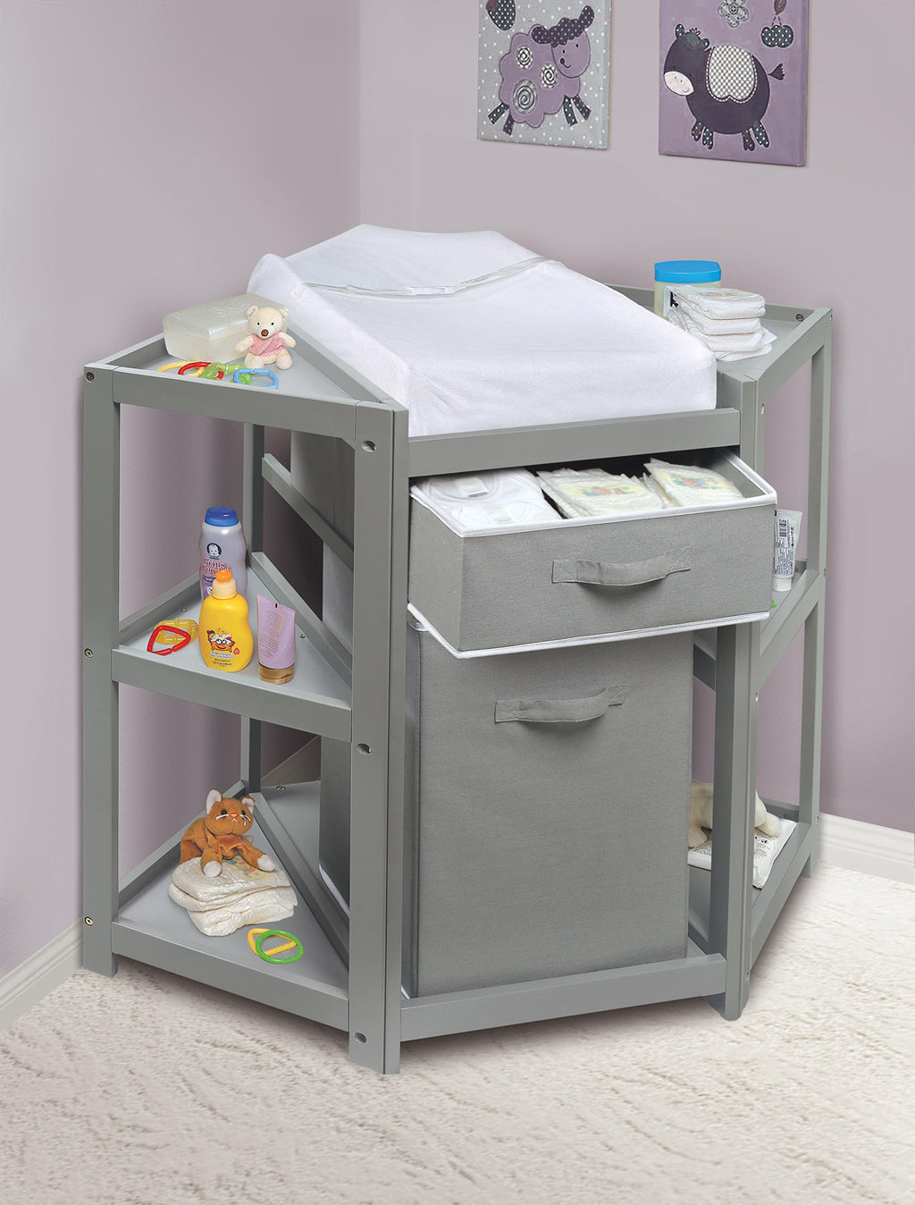 Gray Corner Baby Changing Table with Storage Bin I619
